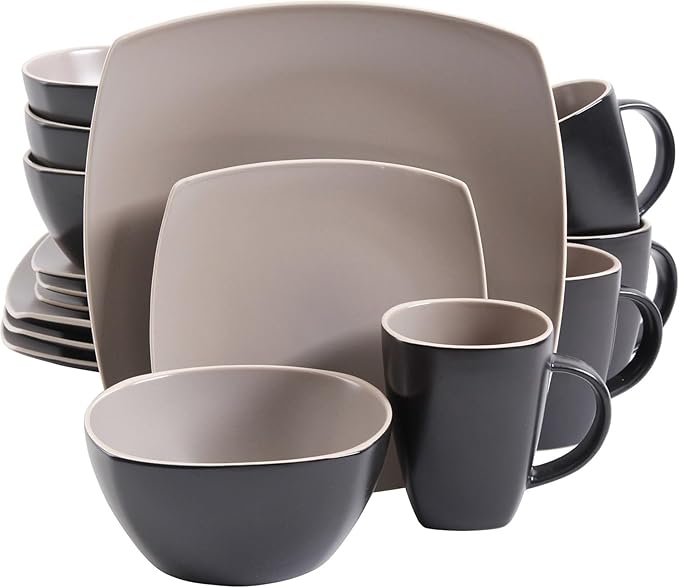 16-Piece Square Stoneware Dinnerware Set – Matte Taupe &amp Gray Modern Plates Bowls &amp Mugs Microwave &amp Dishwasher Safe