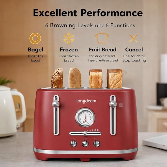 LONGDEEM 4 Slice Retro Stainless Steel Toaster – Extra Wide 1.6” Slots 6 Browning Levels Bagel &amp Defrost Functions Removable Crumb Trays Cool Touch Countertop Toaster for Small Spaces Red