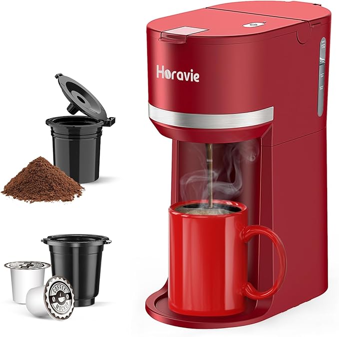 Mini Single Serve Coffee Maker for K Cup and Ground Coffee Fast Brew One Cup Coffee Machine with Descaling Reminder and Water Window 6 to 12 oz. Brew Sizes Red