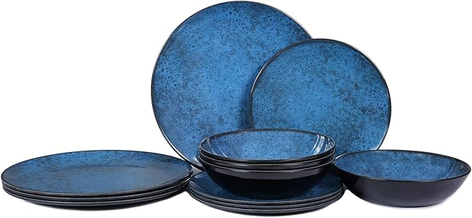 Melamine Dinnerware Sets for 4 Dinner Plates Bowls Set Unbreakable Melamine Classic Blue Dinnerware Dishwasher Safe Tableware Sets for Everyday Use 12 Pcs