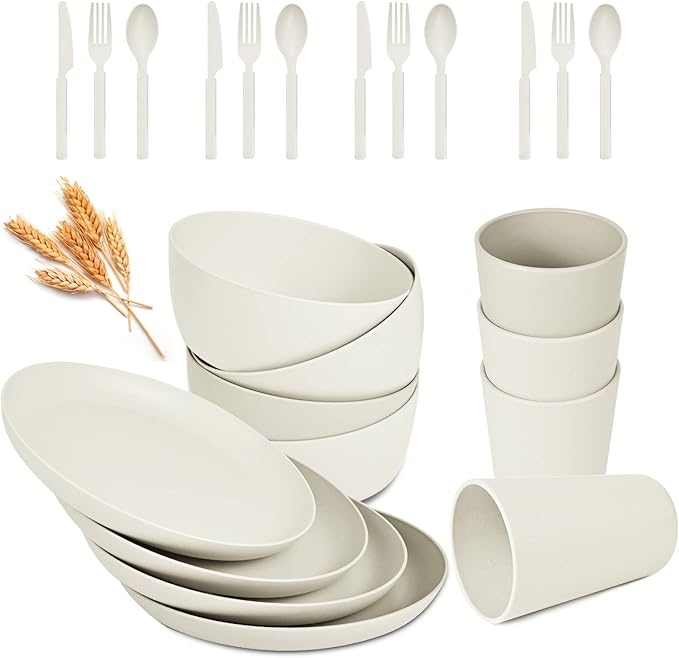 Wheat Straw Dinnerware Sets - 24 pcs Lightweight Bowls Unbreakable Dish Set Dishwasher Microwave Safe Wheat Straw Cups Cutlery Plates and Bowls Set for 4 Suitable for Camping Party Grill（White）