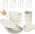 Wheat Straw Dinnerware Sets - 24 pcs Lightweight Bowls Unbreakable Dish Set Dishwasher Microwave Safe Wheat Straw Cups Cutlery Plates and Bowls Set for 4 Suitable for Camping Party Grill（White）