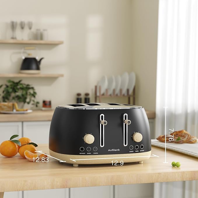 Toaster 4 SliceRetro Stainless Steel Toaster with Extra Wide Slots Dual Independent Control Panel Cancel Bagel Defrost Function Removable Crumb Tray Matt Black