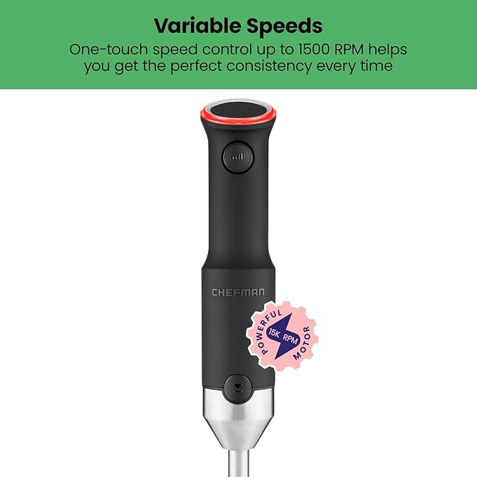 Chefman Cordless Power Portable Immersion Blender Ice Crushing Power with One-Touch Speed Control USB Charging Quickly Mixes Smoothies Purees Soups Dips Sauces Storage Case Stainless Steel