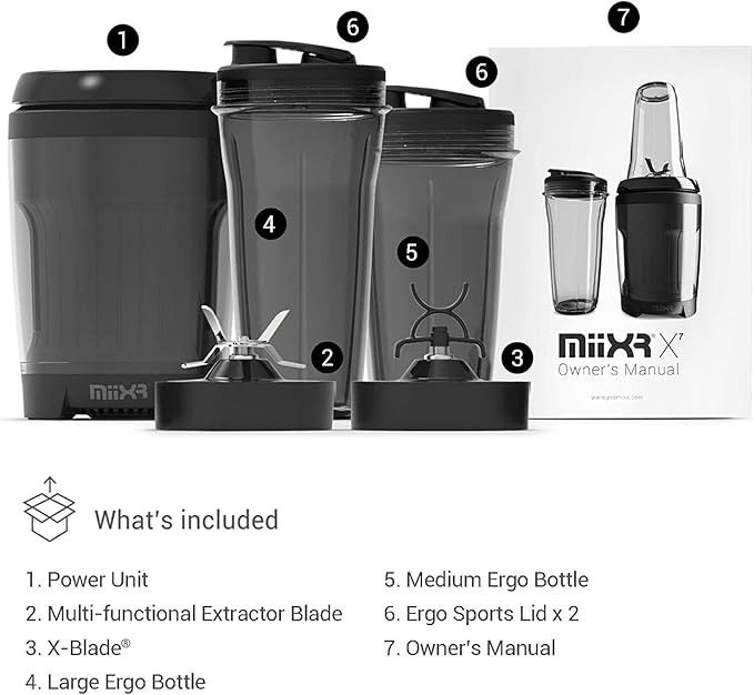 Promixx MiiXR X7 Personal Blender for Shakes and Smoothies - with Performance Nutrition Protein Mixer X-Blade and Shaker Bottle Agitator Smoothie Blender/Maker Highly Efficient (7 Piece Set)