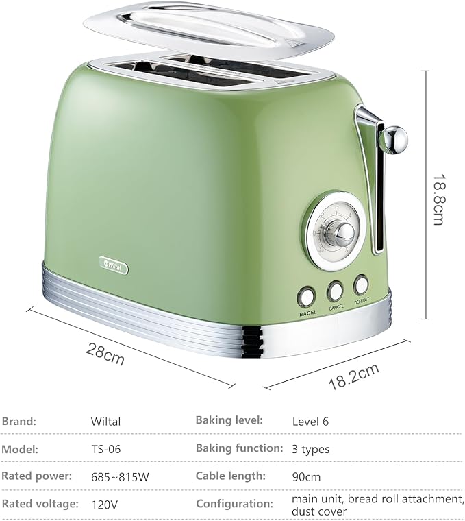 Green Cute Retro Toaster 2 Slice with 1.58 Wide Slots with Stainless Steel Lid with Warming Rack Preheat Defrost Countdown Timer Display