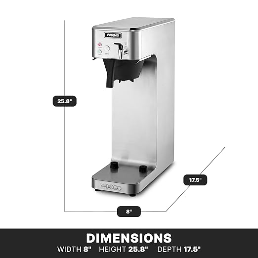 Waring Commercial WCM70PAP Café Deco Automatic Airpot Coffee Brewer Stainless Steel Construction Hot water faucet Plumbed 120V 5-15 Phase PlugSilver/ Black