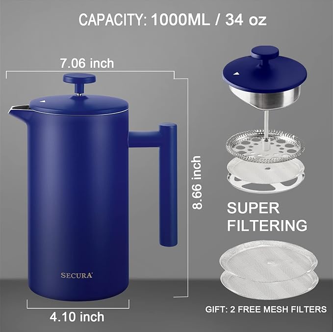 Secura French Press Coffee Maker 304 Grade Stainless Steel Insulated Coffee Press with 2 Extra Screens 34oz (1 Litre) Blue