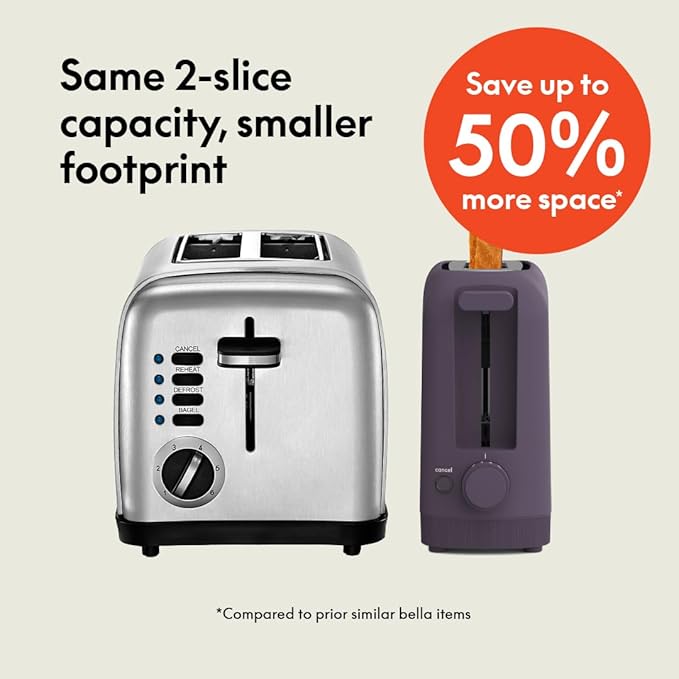 bella 2 Slice Slim Toaster Fits-anywhere™ Kitchenware 6 Setting Shade Control with Reheat &amp Cancel Buttons Fits sourdough 10” Long Slot Anti Jam &amp Auto Shutoff 900 Watt Plum