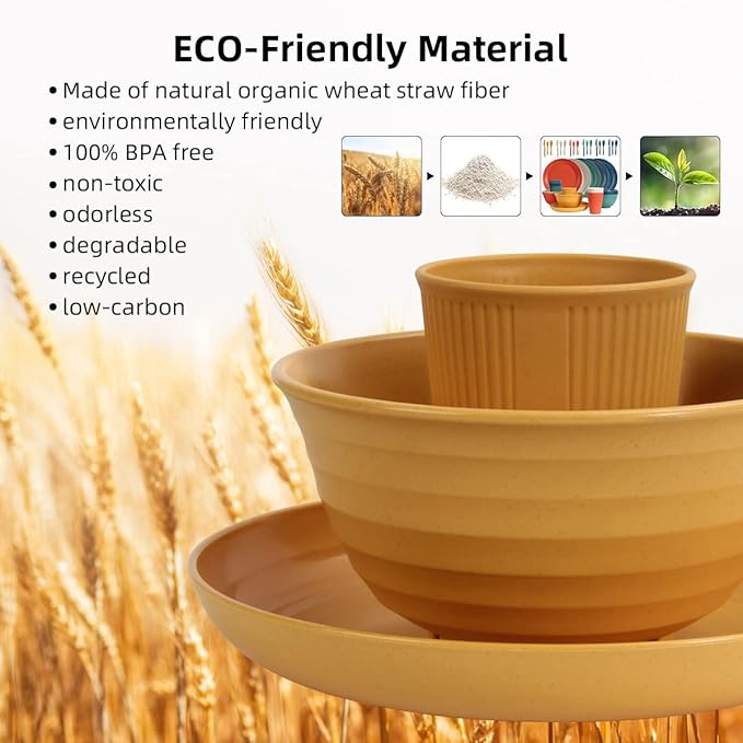 Wheat Straw Dinnerware Sets 36 Piece Unbreakable Dinnerware Sets Reusable Wheat Straw Plates and Bowls Sets Travel Camping Cutlery Set Dishwasher Microwave Safe Dinnerware Colourful