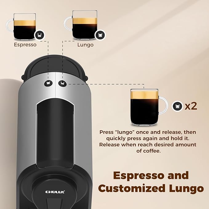 CHULUX Compact Espresso Machine 20 Bar Single Serve Coffee Maker Dual Brew Sizes for Espresso and Lungo 1400W Rapid Brewing Mystic Gray (Upgrade Model)