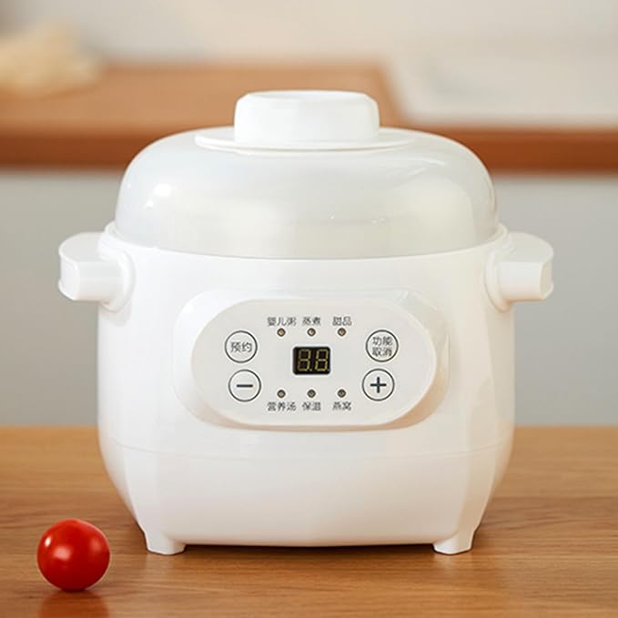 Mini Rice Cooker 1L 200W Mini Ceramic Liner Stew Cooker with Timing Function Slow Cookers with Lid Portable Travel Electric Stew Pot For Cooking Soup Rice Stews White (US