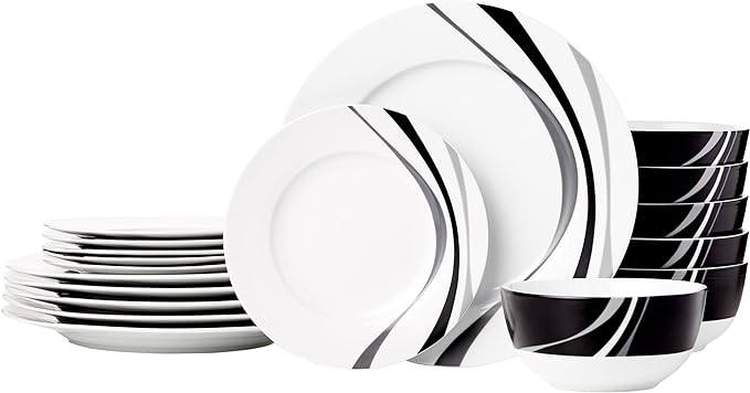 Amazon Basics 18-Piece Complete Kitchen Dinnerware Set Microwave and Dishwasher Safe Plates Dishes Bowls Swirl Heat Resistant Service for 6 Everyday Use