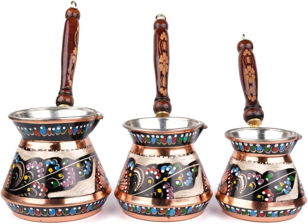 Copper Turkish Coffee Pot Set Erzincan Handmade 3 Piece Tombik Traditional Coffee Maker Set for Home Kitchen Black Color - Black One Size