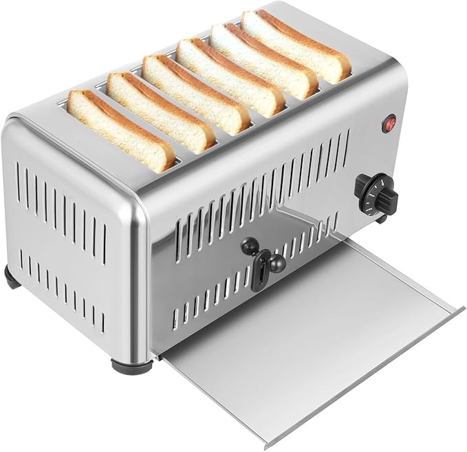 6-Slice Commercial Toaster 1680W Stainless Steel Wide Slot Toaster with Timer &amp Removable Crumb Tray for Restaurant Cafe Bakery Home Kitchen Countertop Use