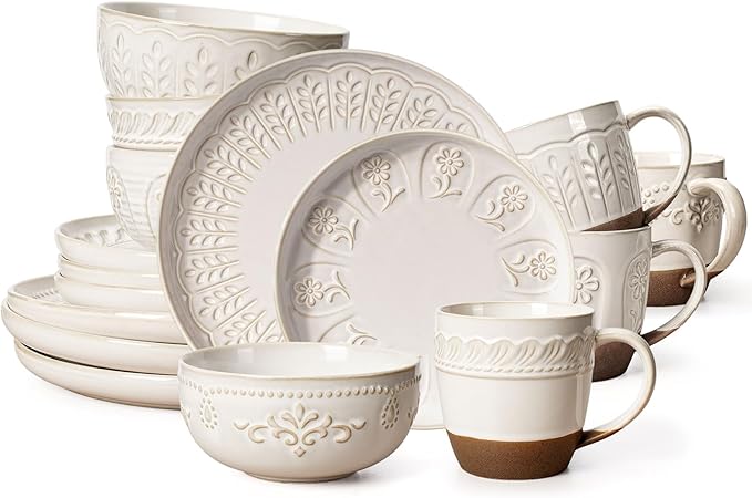 Artena Plates And Bowls Sets 16 Pieces Dinnerware Sets Dish Set For 4 Ceramic Kitchen Bowl And Plate Set Embossed White Dishware Sets Dishwasher &amp Microwave Safe (Multiple Patterns) (With Mug