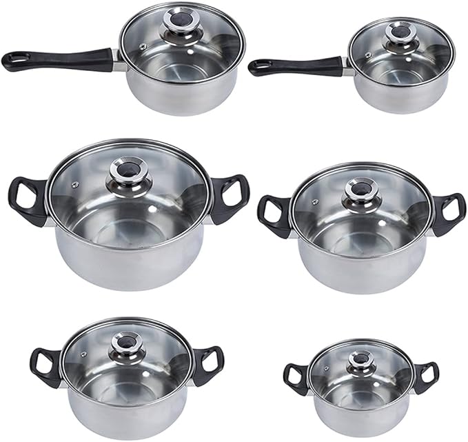 Cooking Pot Frying PanCookware Set 12 Piece Kitchen Stainless Steel &amp Pan Sets Induction Saucepan Casserole Pan Glass Lid Pans (B) vision