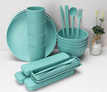 Wheat Straw Bowls Cups And Plates 32-Piece Cutlery Set Wheat Straw Dinnerware Sets 32 Piece Unbreakable Wheat Straw Dinnerware Sets Reusable Wheat Straw Plates And Bowls Sets (Green)