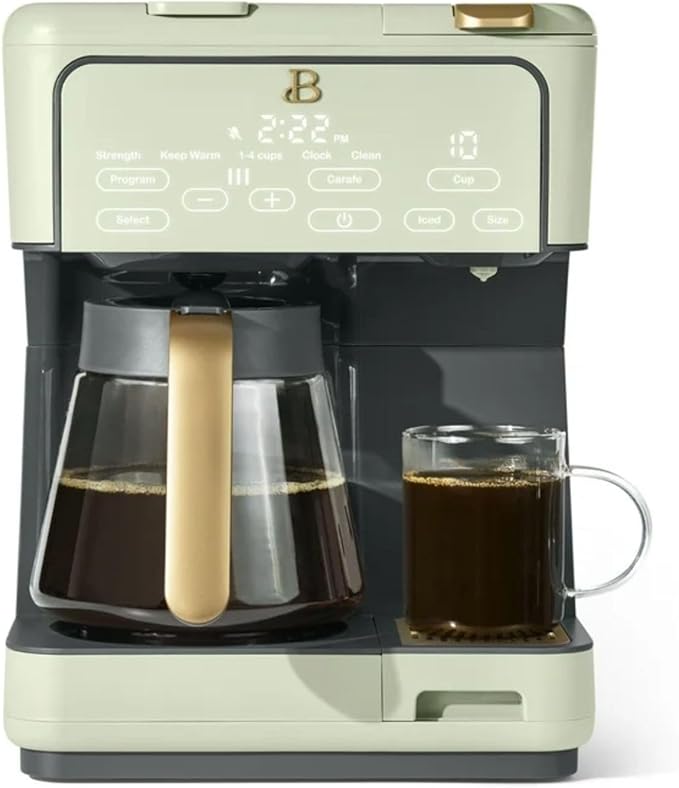 Multi-Brew Coffee Maker 12-Cup Carafe + Single-Serve Pods or Grounds Over Ice Touch Display by Drew Barrymoree. (Sage Green)
