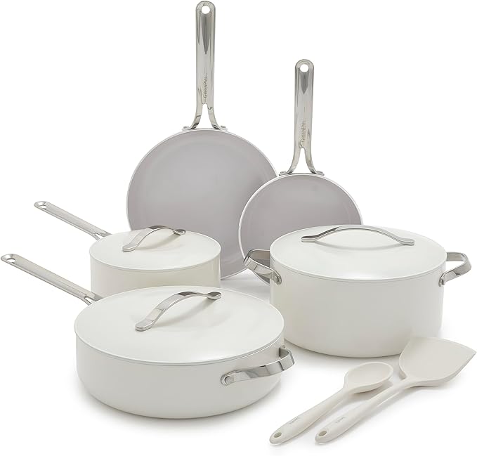 GreenPan Nova 10-Piece Cookware Pots &amp Pans Set Oprah’s Favorite Things 2024 PFAS-Free Ceramic Nonstick Fry Sauté Stockpot Utensils Lids Induction Suitable Dishwasher &amp Oven Safe Cre
