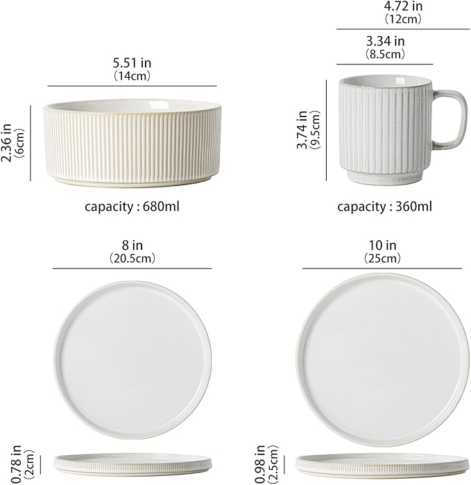16-Piece Ribbed Ceramic Dishware Set Service for 4 Plates Bowls &amp Mugs Dinnerware Set for Kitchen Microwave and Dishwasher Safe - White