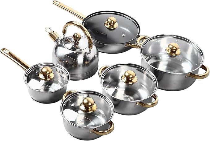 12Pcs Kitchen Pots Stainless Steel Golden Handle Smoothing Sturdy Cookware Set with Elegant Gold Color and for Home Cooking and All Cooktops