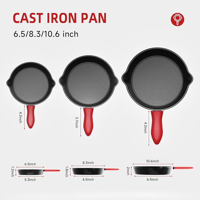3 piece set cookware set 6 8 10 Inches for frying saute &ampmore easy use in the oven stove grill or campfire black with silicone heat-resistant cover