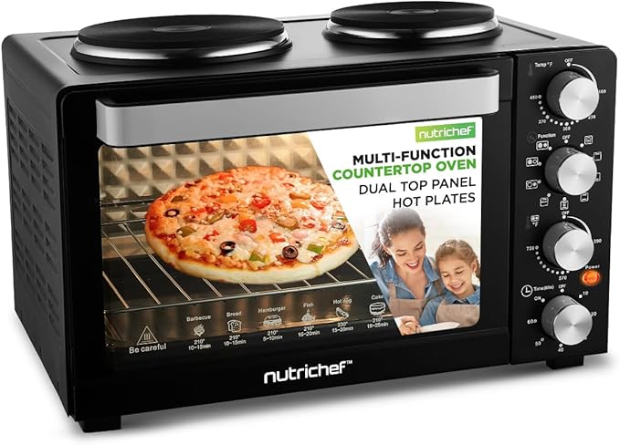 NutriChef 30 Quart Kitchen Convection Oven &amp 2 Burner Cooker - 1500 Watt Oven - 7 Cook Functions Rotisserie Cook Bake Broil &amp More - Includes Baking Tray Skewers &amp Handles - 19.6 x 16.