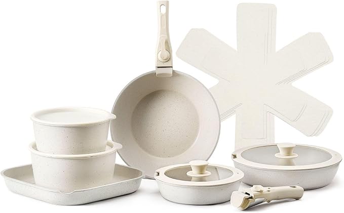 17 Piece Granite Nonstick Pots And Pans Set Induction Compatible Kitchen Cookware White