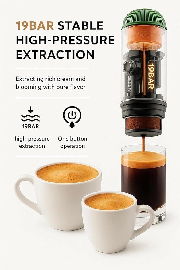 Portable Espresso Machine with 3-4 Min Self-heating 7800mAh Rechargeable Electric 2-in-1 Coffee Machine Compatible with NS Capsules and Ground Coffee for Car Camping Travelling Office Home  Green