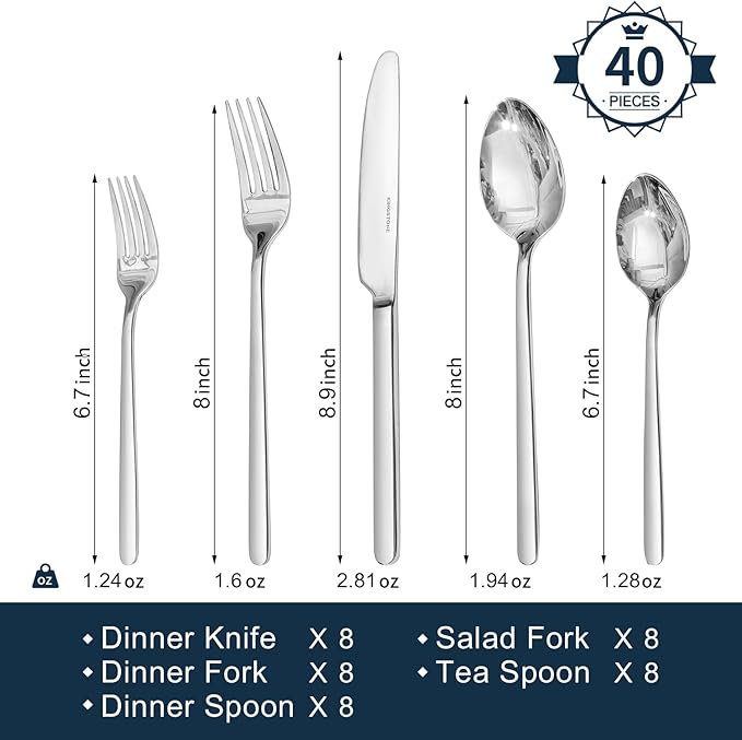 KINGSTONE Bone China Dinnerware Set for 8 with 40 Piece Silverware Set for 8 Dishwasher Safe Tableware for Daily Use with Elegant Design