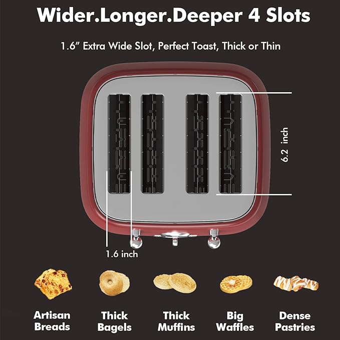 LONGDEEM 4 Slice Retro Stainless Steel Toaster – Extra Wide 1.6” Slots 6 Browning Levels Bagel &amp Defrost Functions Removable Crumb Trays Cool Touch Countertop Toaster for Small Spaces Red