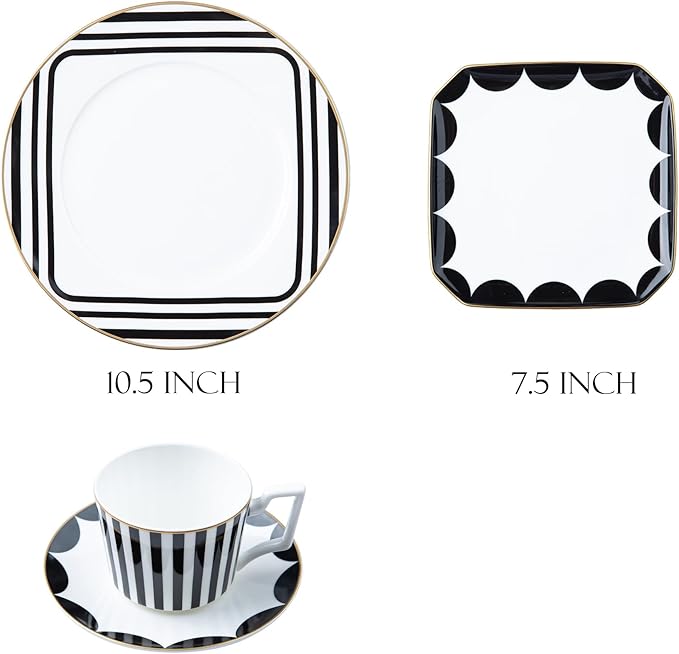 gold trim dinnerware set service for 2 8 pieces black and white ceramic plate set bone china plate and cup sets for hotel birthday Mother's Day