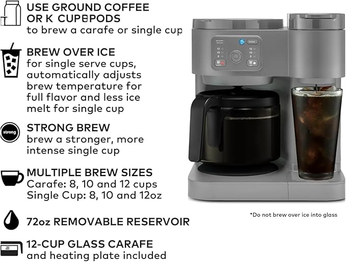 K-Duo Coffee Maker for Hot and Iced Drinks Single Serve KCup Pod Brewer and 12 Cup Carafe Drip Coffee Pot 60oz Water ReservoirPause &amp Pour Feature Perfect for Home &amp Office Use (Moon Grey)