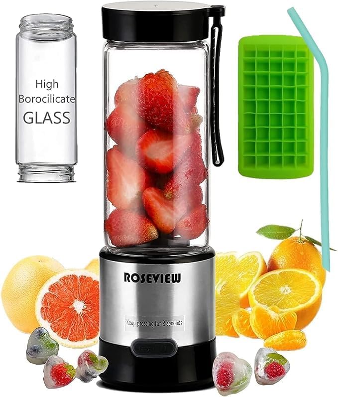 Portable Smoothie blender ROSEVIEW Glass bottle USB rechargeable mini Handheld Ice Shakes Cup 2 speed blend juicer Cordless Personal smoothies maker Fruit mixer (Steel)
