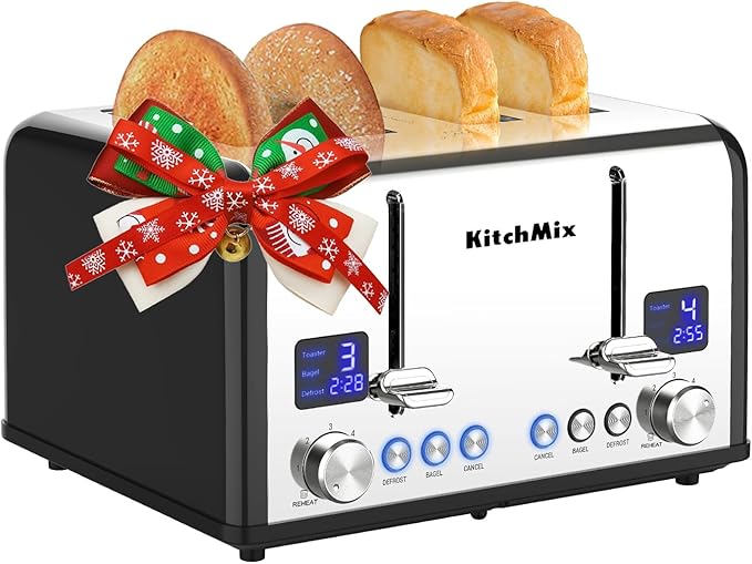 Toaster 4 Slice KitchMix Bagel Stainless Toaster with LCD Timer Extra Wide Slots Dual Screen Removal Crumb Tray (Black)