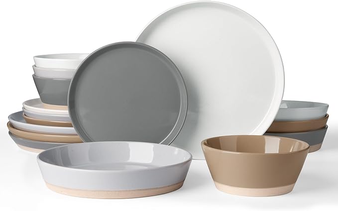 Famiware Saturn 16 Pieces Plates and Double Bowls Sets for 4 Stoneware Dinnerware Set with Pasta Bowl Dish Set with Trim - Chip &amp Scratch Resistant Microwave &amp Dishwasher Safe Multi-color
