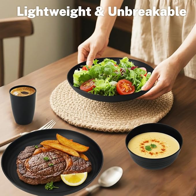 Wheat Straw Dinnerware Sets for 8Plastic Plates and Bowls Sets 32-Piece Unbreakable &amp Lightweight Dish Set Camping Plates Cereal Bowls Cup Sets for Kitchen Apartment Essentials - Black