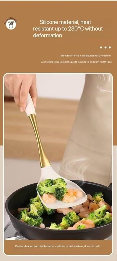 8-Piece White Kitchen Utensil Set with Gold Handles Stainless Steel Cooking Tools Includes Spatulas Ladle Spoons for Nonstick Cookware (Gold and White)