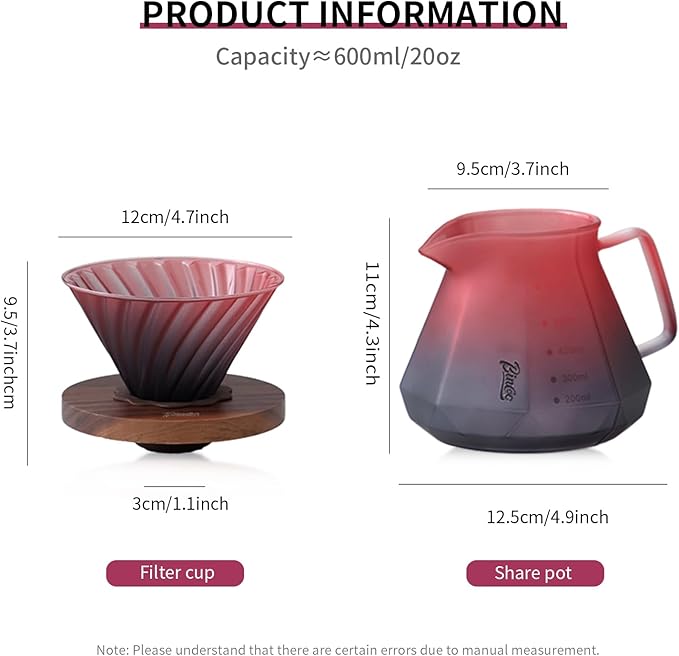 Bincoo Pour Over Coffee Maker Set - Borosilicate Glass Dripper with Walnut Handle &amp Glass Lid 50 pcs Paper Filters Included