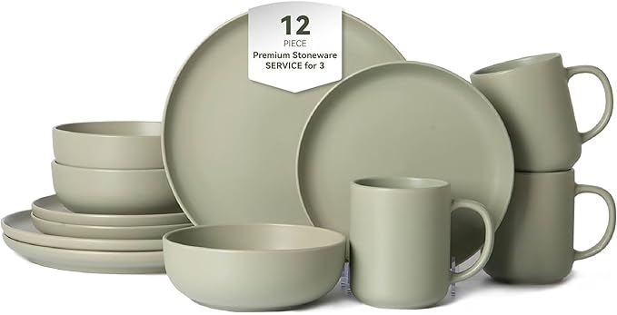 12-Piece Stoneware Dinnerware Set with Mugs Matte Glaze Microwave &amp Dishwasher Safe Stackable Service for 3 White (Green of 3)