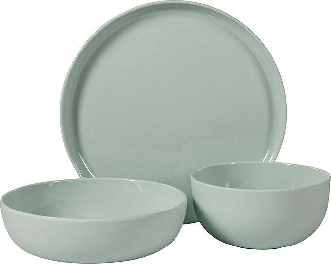 Gibson Home Candy Skies 12 Piece Unbreakable Wheat Straw Melamine Plates and Bowls Dinnerware Set - Outdoor Camping &amp Everyday Use - Matte Exterior/Shiny Interior Green