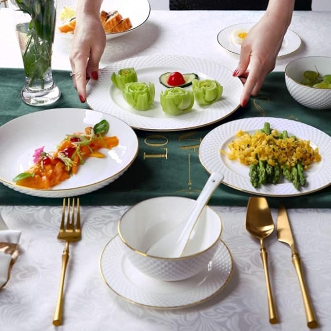 Dinnerware Set Plates and Bowls Sets Bowl/Dish/Soup Pot/Spoon|Bone China Dinner SetsWhite Embossed Gold Rim Pattern Porcelain Combination Set