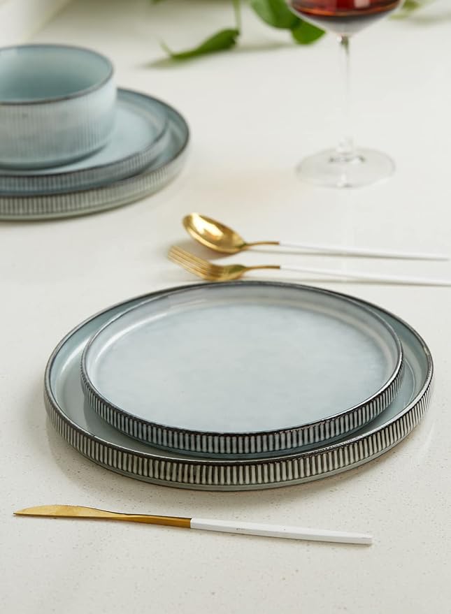 Famiware Dinnerware Set for 4 (12 Piece) and 10 Dinner Plates for 6 - Smoky Blue