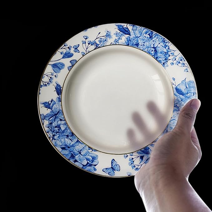 bone china dinnerware sets for 4 kitchen dishes set tableware set for dining include 6.5&amp8&amp10.5&amp12 inch plate European blue hydrangea flower
