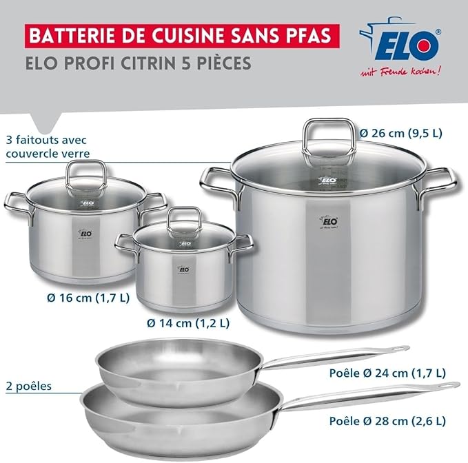 ELO 9503750 Cookware Set 5 Pieces 2 Frying Pans 24 and 28 cm and 3 Saucepans 14 16 and 26 cm Elo Profi Citrine Stainless Steel Induction
