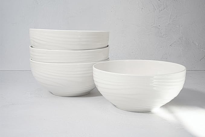 New Bone China 12 Piece Dinnerware Set Santorini Collection (Wave) White Daily Use China Embossed Tableware Service for 4