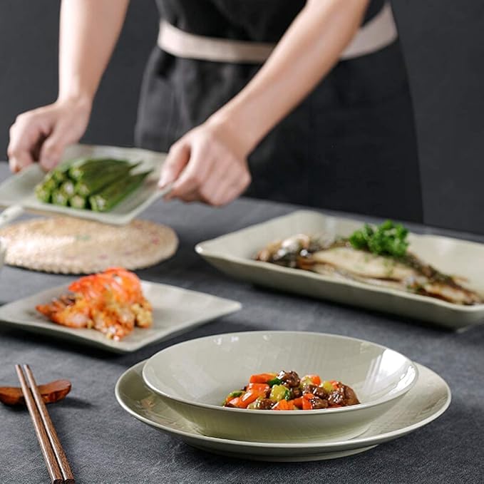 Ceramics Dinner Sets Bowl/Spoon/Plate Nordic Style Line Relief Dinnerware Set 26 Pieces - Family Party And Kitchen Restaurant