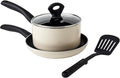 Basic Essentials 4-Piece Nonstick Aluminum Starter Cookware Set Fry Pan Skillet Saucepan Pot with Glass Lid and Nylon Spatula Turner Cream White