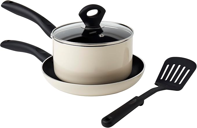 Basic Essentials 4-Piece Nonstick Aluminum Starter Cookware Set Fry Pan Skillet Saucepan Pot with Glass Lid and Nylon Spatula Turner Cream White